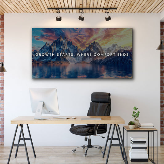 Growth Starts Where Comfort Ends canvas shown in a styled room setting, view 2