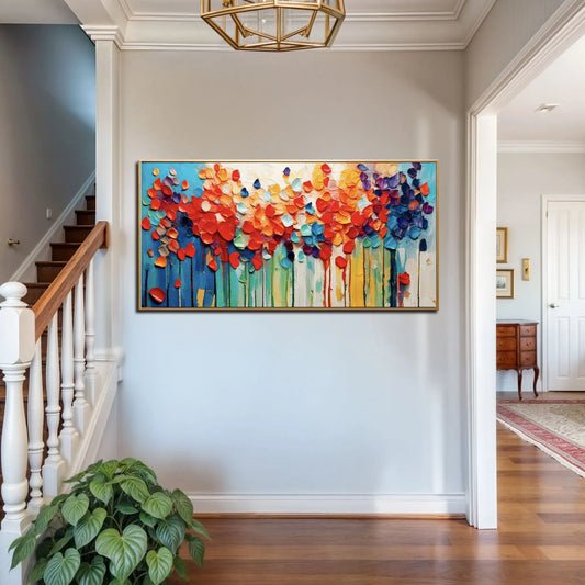 Red and Orange Petals over Blue Drips canvas shown in a styled room setting, view 2