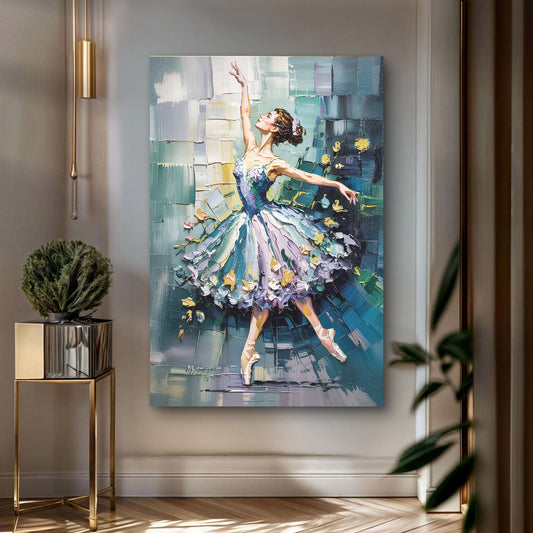 Ballerina Leaping in Teal and Lilac canvas shown in a styled room setting, view 2
