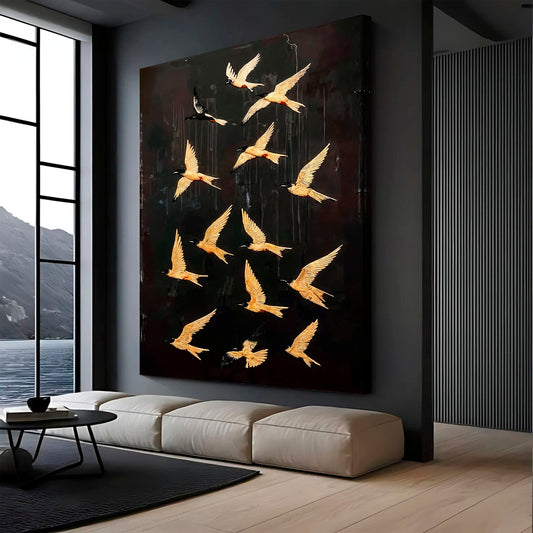 Gold Swallows in Flight on Black canvas shown in a styled room setting, view 2