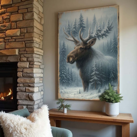 Moose in a Snowy Forest Double Exposure canvas shown in a styled room setting, view 2