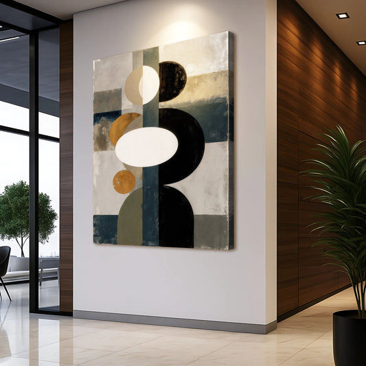 Mid-Century Circles and Arches Abstract canvas shown in a styled room setting, view 2