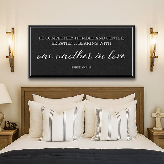 Ephesians 4:2 One Another in Love Black and Silver canvas shown in a styled room setting, view 2