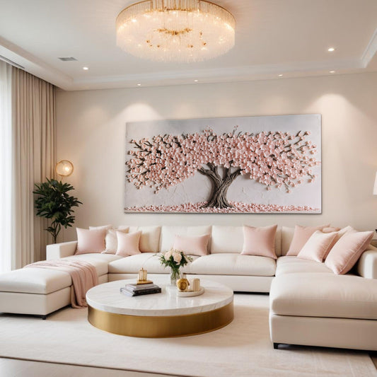 Pink Blossom Tree on Soft Grey Panoramic canvas shown in a styled room setting, view 2