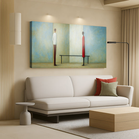 Two Distant Figures and an Empty Bench canvas shown in a styled room setting, view 2