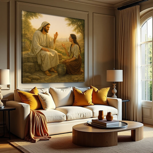 Samaritan Woman at the Well in Warm Greens canvas shown in a styled room setting, view 2