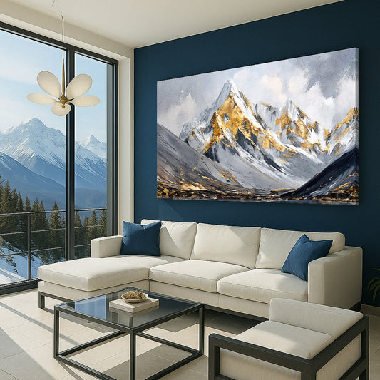 Snowy Peaks with Golden Light canvas shown in a styled room setting, view 2