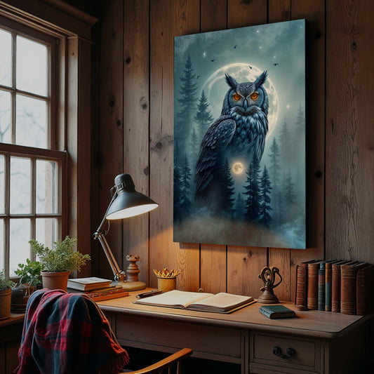Owl Under a Full Moon in a Pine Forest canvas shown in a styled room setting, view 2