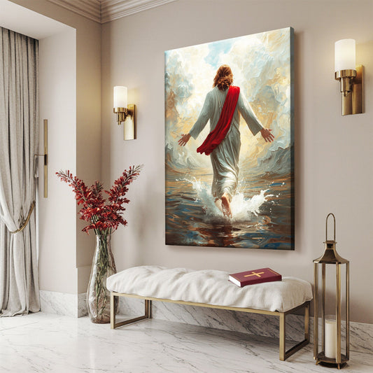 Jesus Walking on Water Red Sash Open Arms canvas shown in a styled room setting, view 2