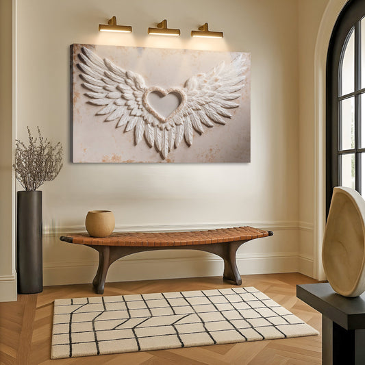 White Angel Wings and Heart Abstract canvas shown in a styled room setting, view 2
