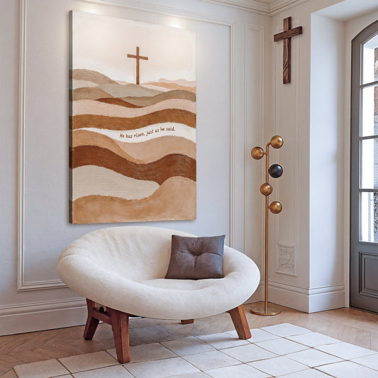 He Has Risen Terracotta Hills and Cross canvas shown in a styled room setting, view 2