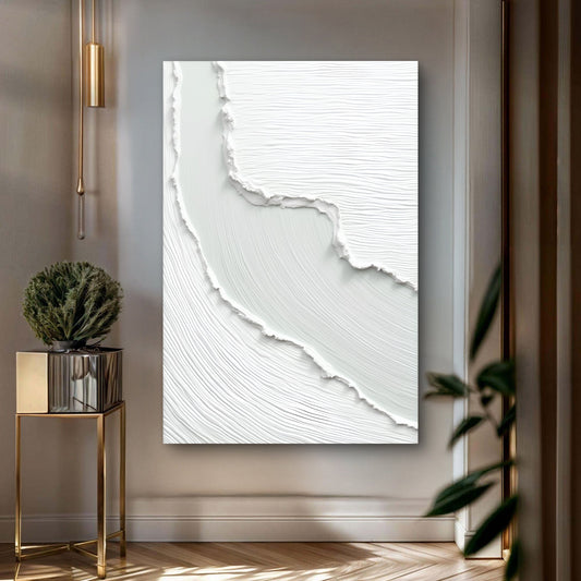 All-White Ridge Lines Minimalist Abstract canvas shown in a styled room setting, view 2
