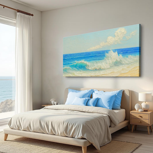 Turquoise Wave Under Blue Sky canvas shown in a styled room setting, view 2