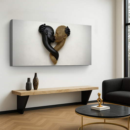 Black and Gold Embrace Heart on White canvas shown in a styled room setting, view 2