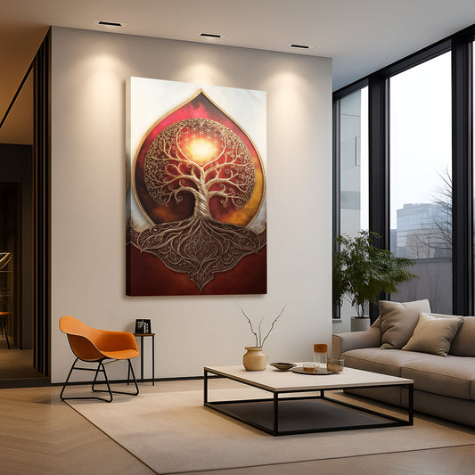 Tree of Life in a Red and Gold Teardrop canvas shown in a styled room setting, view 2