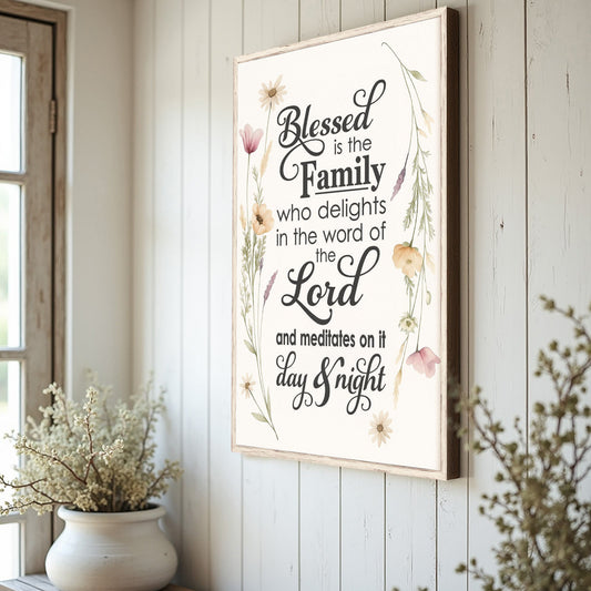 Blessed Is the Family Wildflower canvas shown in a styled room setting, view 2