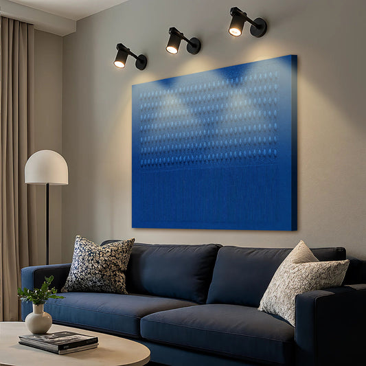 Deep Blue Gradient Fine Lines Minimalist canvas shown in a styled room setting, view 2
