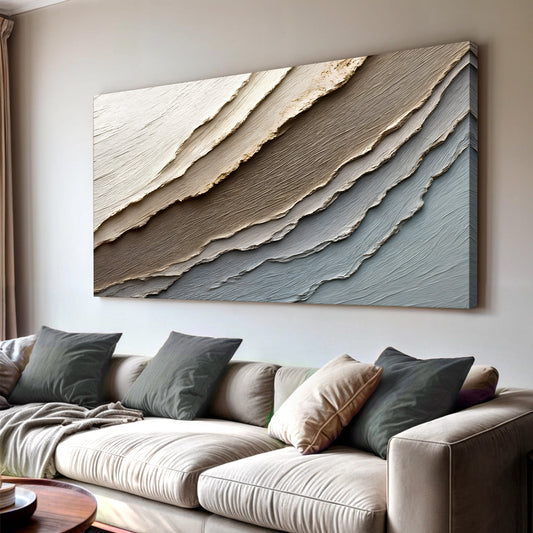 Grey and Brown Layered Wave Abstract canvas shown in a styled room setting, view 2