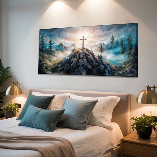 Cross on a Rocky Summit Light Burst canvas shown in a styled room setting, view 2
