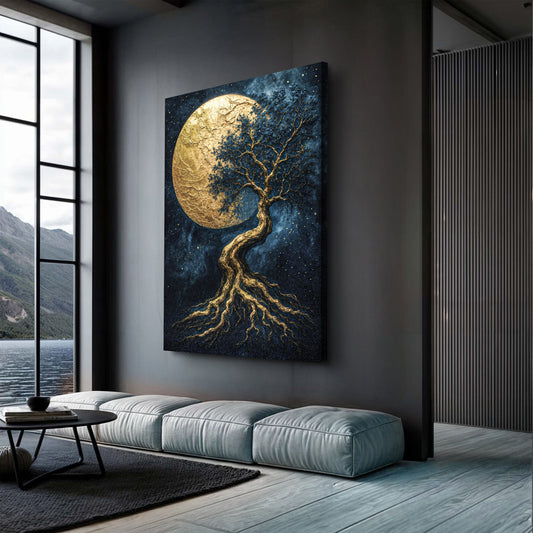 Tree of Life Before a Golden Moon canvas shown in a styled room setting, view 2