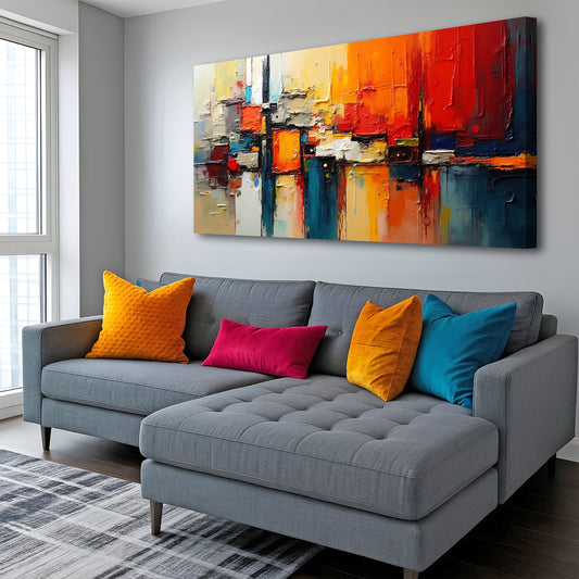 Orange, Red and Blue Palette Knife Abstract canvas shown in a styled room setting, view 2