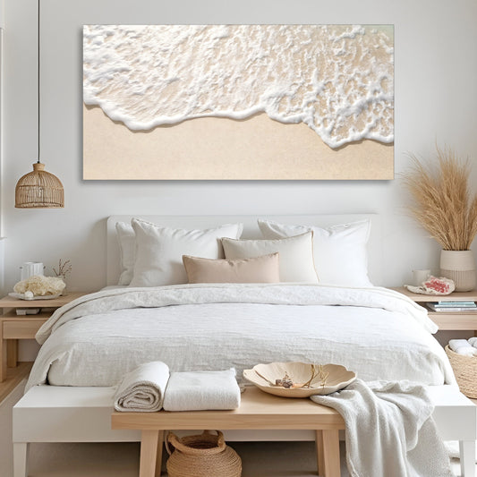 White Surf on Warm Sand canvas shown in a styled room setting, view 2