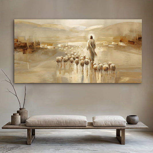 Good Shepherd Golden Plain Panoramic canvas shown in a styled room setting, view 2