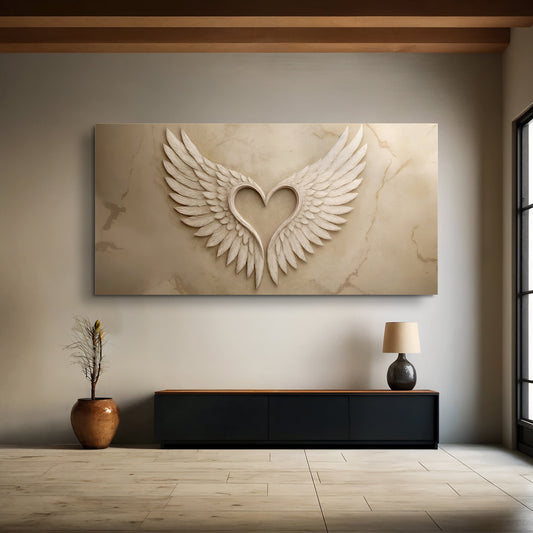 Winged Heart on Beige Abstract canvas shown in a styled room setting, view 2