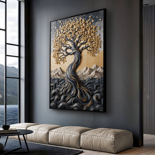 Gold Blossom Tree with Swirling Silver Roots canvas shown in a styled room setting, view 2
