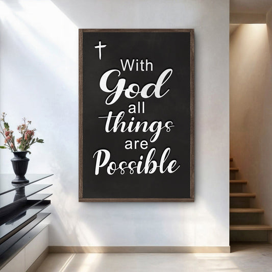 With God All Things Are Possible Chalkboard Look canvas shown in a styled room setting, view 2