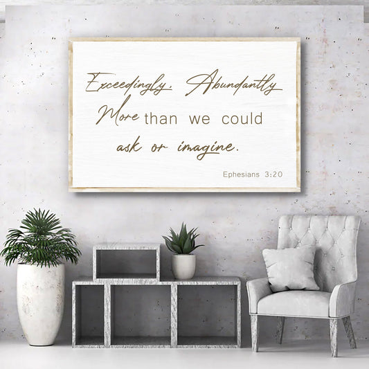 Ephesians 3:20 Cream Script canvas shown in a styled room setting, view 2
