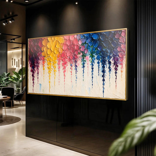 Rainbow Petal Drip Abstract canvas shown in a styled room setting, view 2