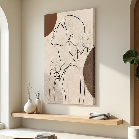 Woman Profile Line Art with Earth Tone Shape canvas shown in a styled room setting, view 2
