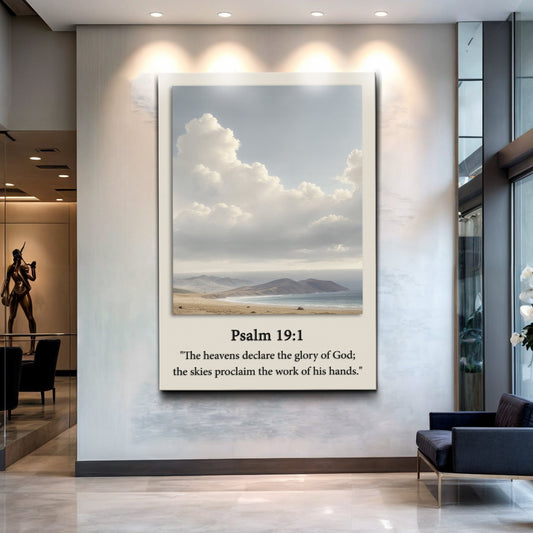 Psalm 19:1 The Heavens Declare Cloudy Sky canvas shown in a styled room setting, view 2