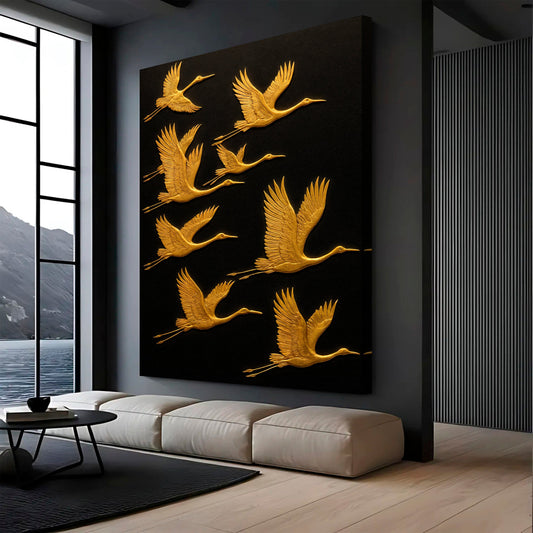 Gold Cranes in Flight on Black canvas shown in a styled room setting, view 2