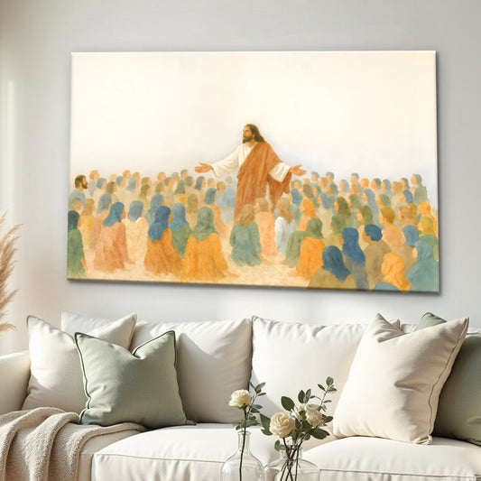 Jesus Teaching the Crowd Ochre and Blue canvas shown in a styled room setting, view 2
