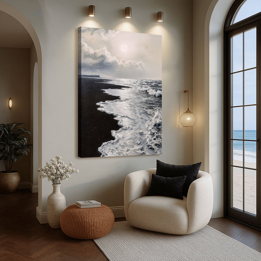 Black and White Abstract Seascape canvas shown in a styled room setting, view 2