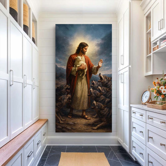 Jesus With Halo Holding a Lamb Dark Blue canvas shown in a styled room setting, view 2