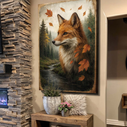 Autumn Fox with Forest Double Exposure canvas shown in a styled room setting, view 2
