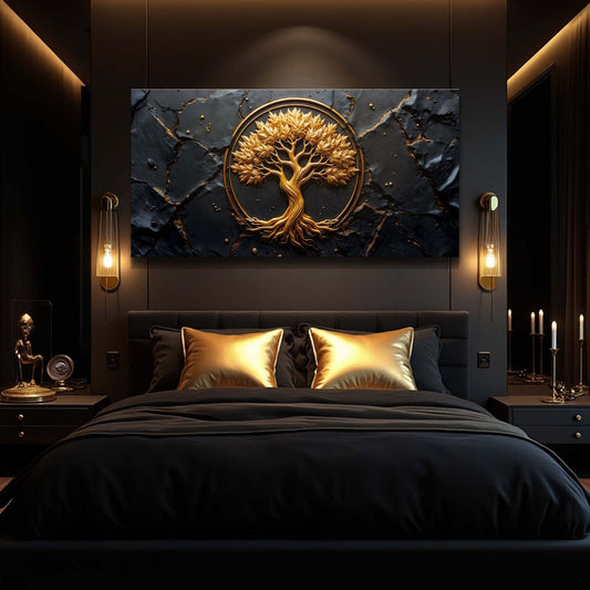 Gold Tree of Life Circle on Black canvas shown in a styled room setting, view 2