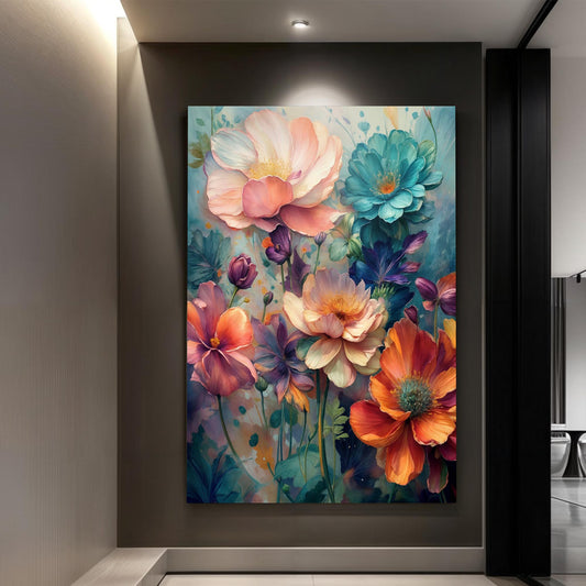 Peach, Teal and Orange Flowers canvas shown in a styled room setting, view 2