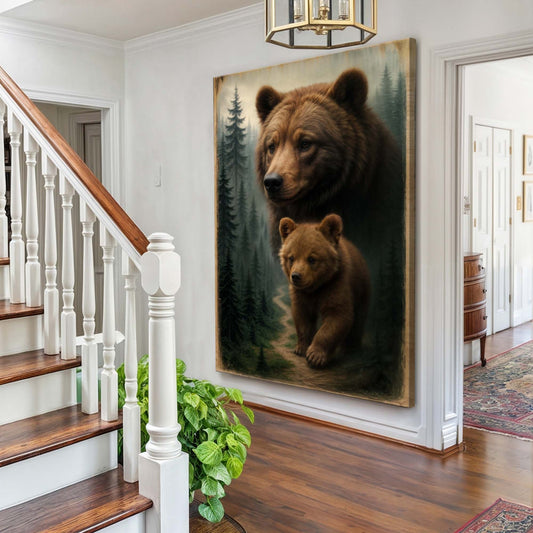 Bear and Cub in a Pine Forest canvas shown in a styled room setting, view 2