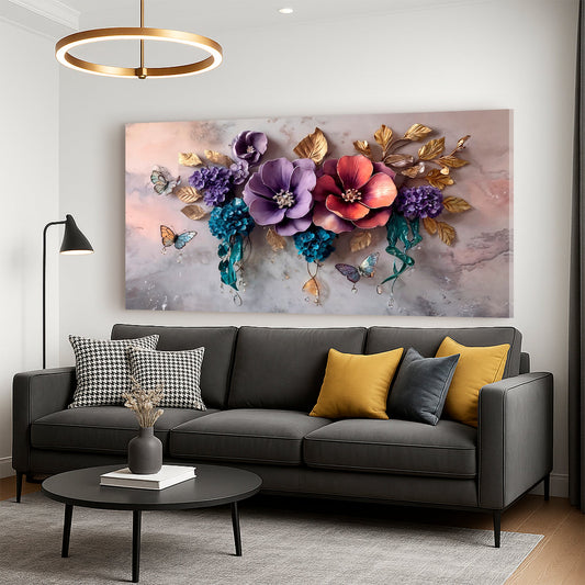 Purple and Red Flowers With a Butterfly canvas shown in a styled room setting, view 2