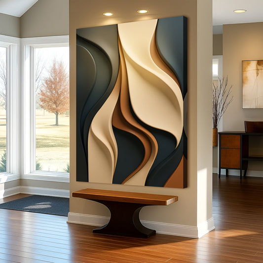 Black, Cream and Bronze Flowing Ribbons canvas shown in a styled room setting, view 2