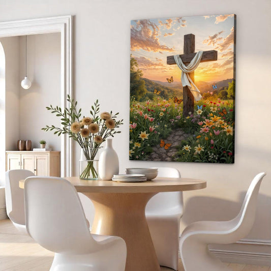 Wooden Cross With Shroud Sunset Field canvas shown in a styled room setting, view 2