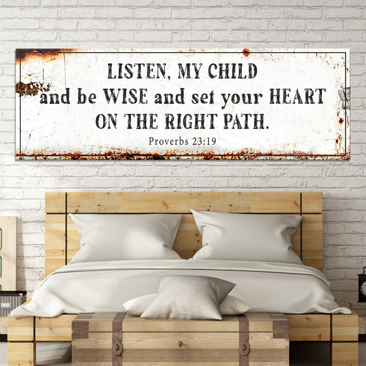 Proverbs 23:19 Right Path Rustic-Look Long canvas shown in a styled room setting, view 2