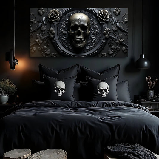 Black Skull Medallion canvas shown in a styled room setting, view 2