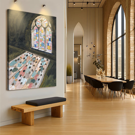 Stained Glass Light on the Church Floor canvas shown in a styled room setting, view 2