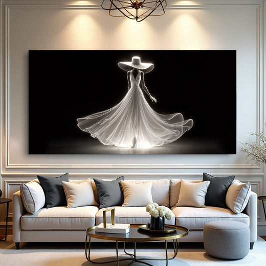 Glowing White Gown and Wide Hat on Black canvas shown in a styled room setting, view 2