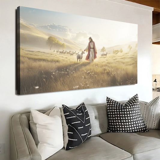 Jesus With a Lamb Pastel Field canvas shown in a styled room setting, view 2